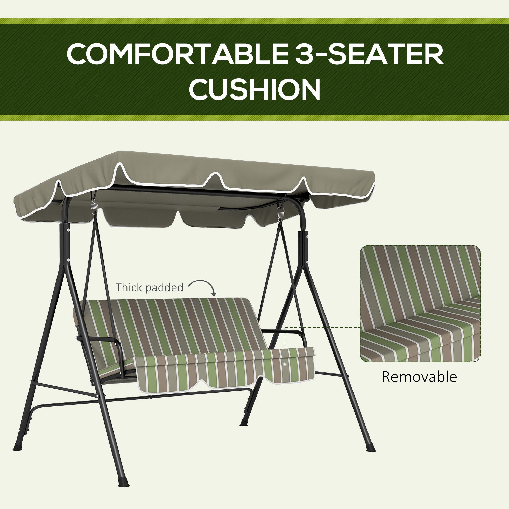 Outsunny 3-Seater Porch Swing with Adjustable Canopy - Outdoor Patio Swing Chair, Garden, Poolside, Green/Brown 