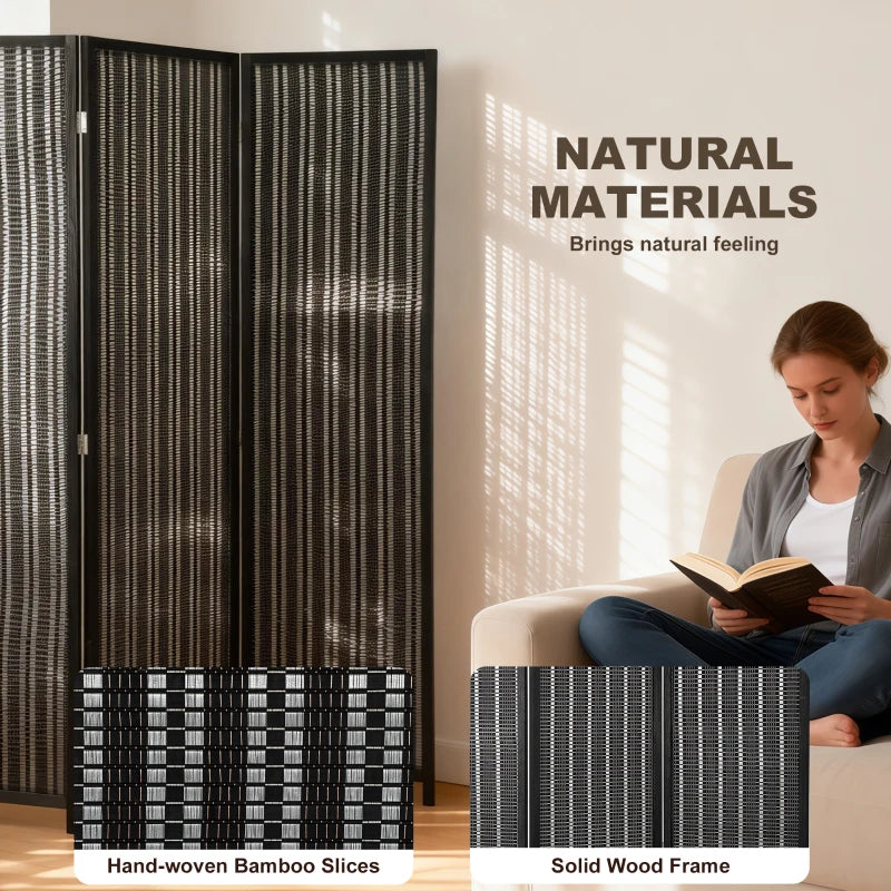 Folding Privacy Screen, 3 Panel Room Divider, Freestanding Partition with Handwoven Bamboo and Pine Wood Frame, Black