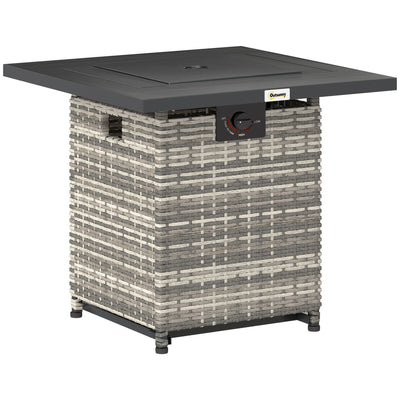 Outsunny 28 Inch Propane Fire Pit Table, 40,000 BTU Rattan Gas Fire Pit Table with Rain Cover, Mesh Lid, Lava Stone, Mixed Grey 
