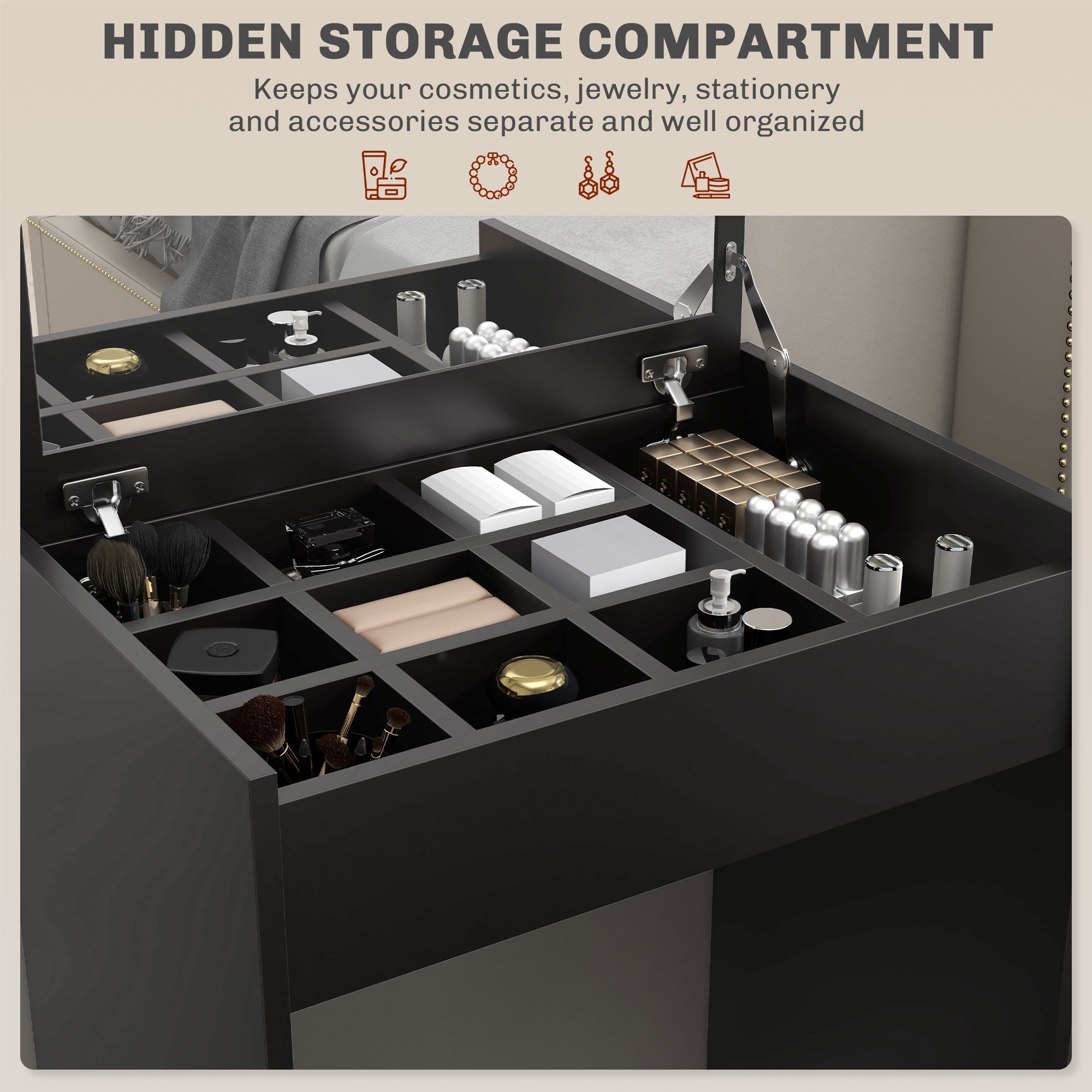 HOMCOM Modern Vanity Set with Makeup Table and Cushioned Stool, Dressing Table with Flip Top and Mirror for Bedroom, Black 