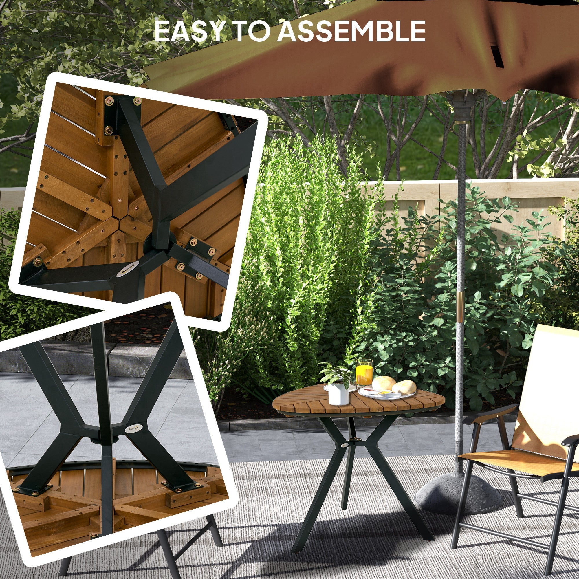 Outsunny Outdoor Dining Table with Slatted Acacia Wood Leaf Tabletop, Patio Table with Steel Legs for Garden, Backyard, Teak 