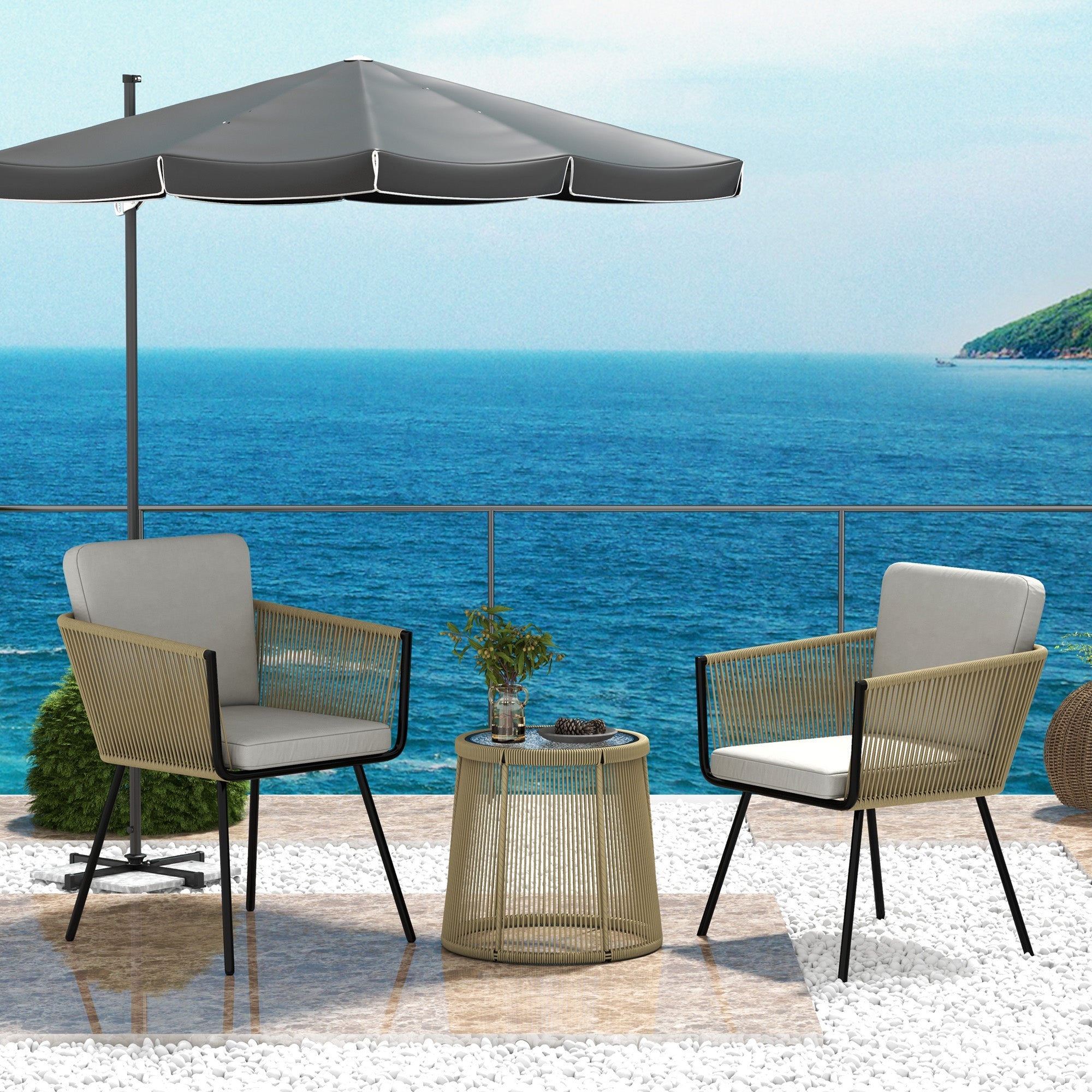 Outsunny Outdoor Patio Bistro Set 3 Piece Light Grey Wicker Rattan Furniture Metal Legs Garden Backyard Deck 