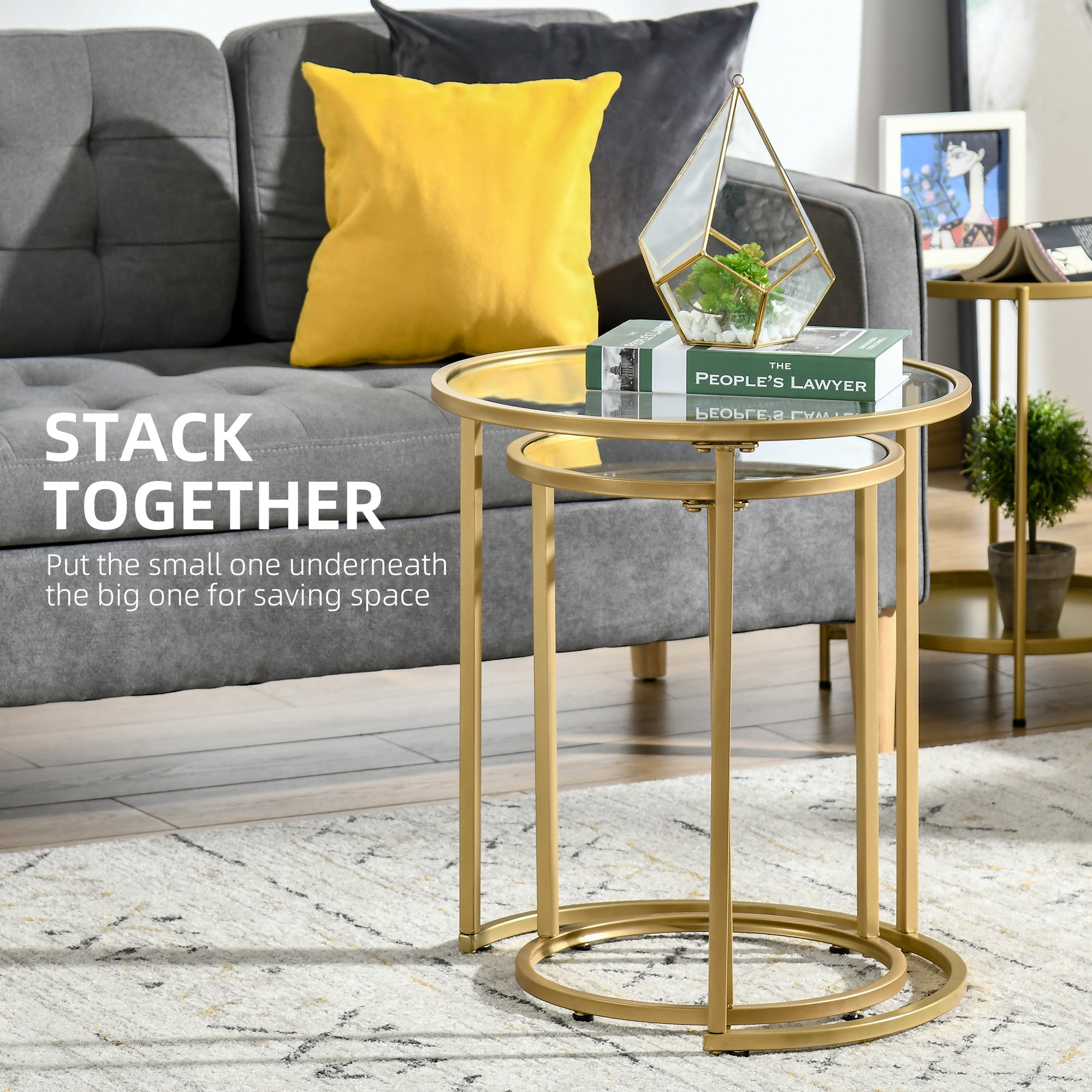 HOMCOM Glamorous Nesting Tables: Set of 2 Round Side Coffee Tables with Tempered Glass Top, Elegant Gold Metal Base 