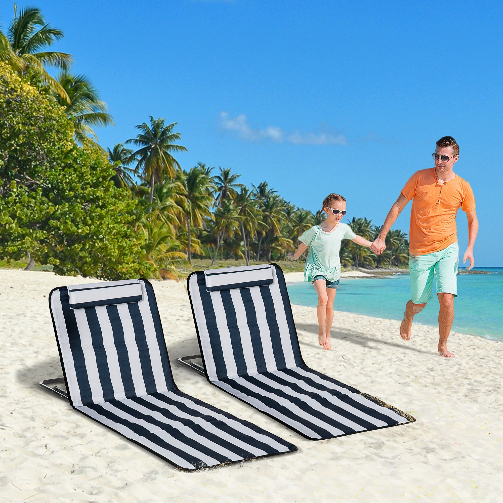 Outsunny 2 Pieces Beach Lounge Chair, Outdoor Folding Chaise Lounge Set w/ Pillow for Sunbath, Snap, Blue and White 