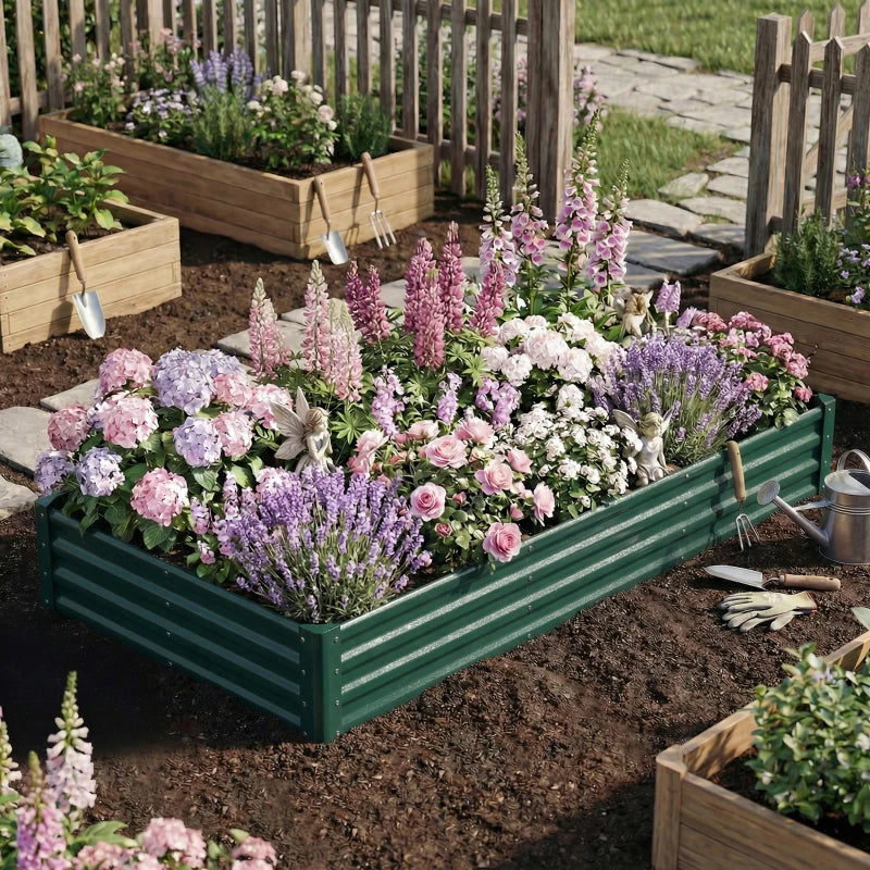 8 x 4 x 1ft Galvanized Raised Garden Bed, Reinforced Outdoor Planter Box with Open Bottom, Green