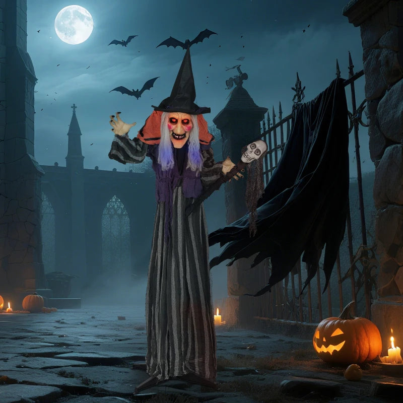 Outsunny Animatronic Standing Witch – Voice-Activated Halloween Prop with Skull Staff & Flashing Eyes 