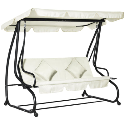 Outsunny 3 Seater Patio Swing Chair Convertible Cushioned Bed Outdoor Porch Backyard with Canopy and Pillow Cream White 