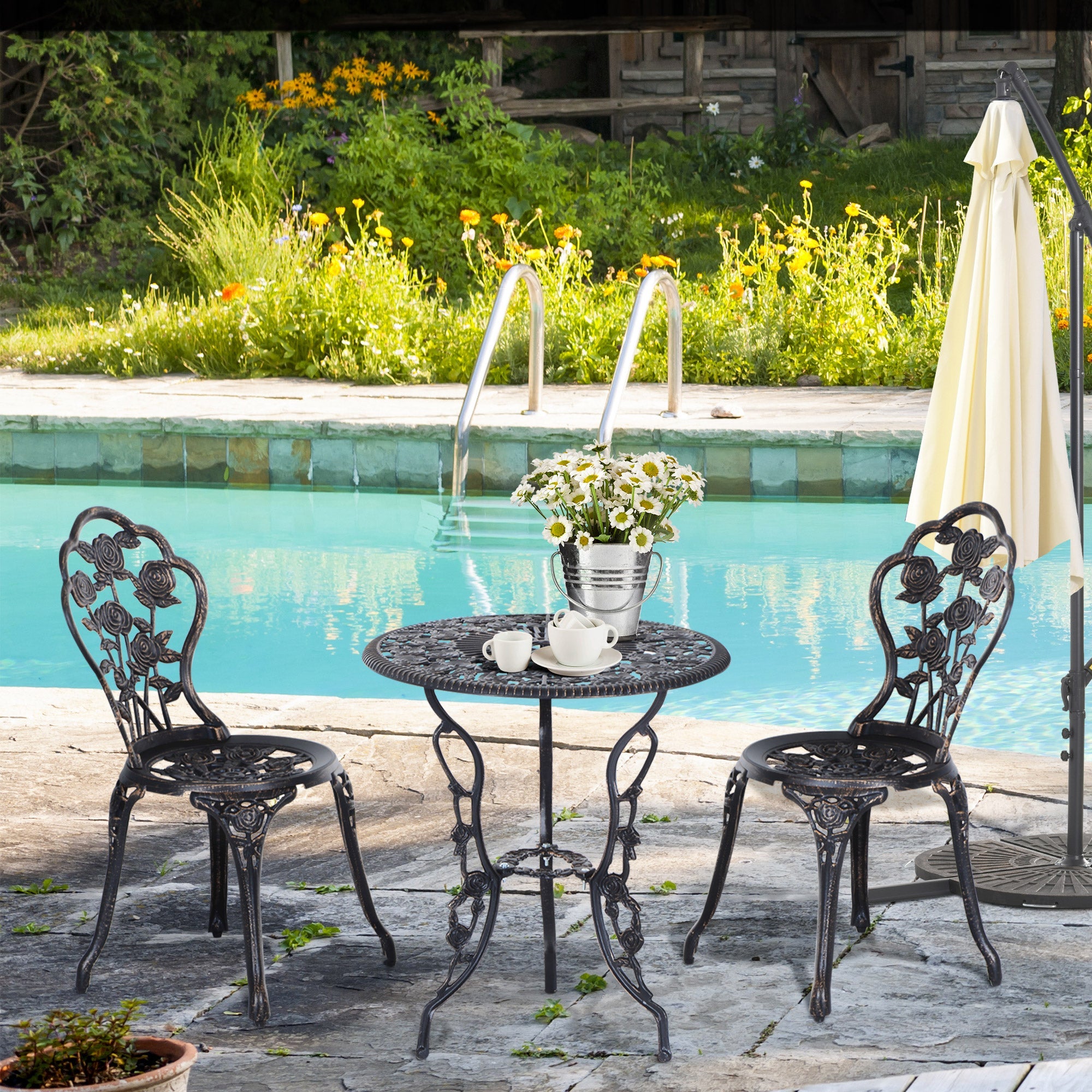 Outsunny 3PC Patio Bistro Set Cast Aluminum Outdoor Garden Table Chairs with Umbrella Hole Bronze 