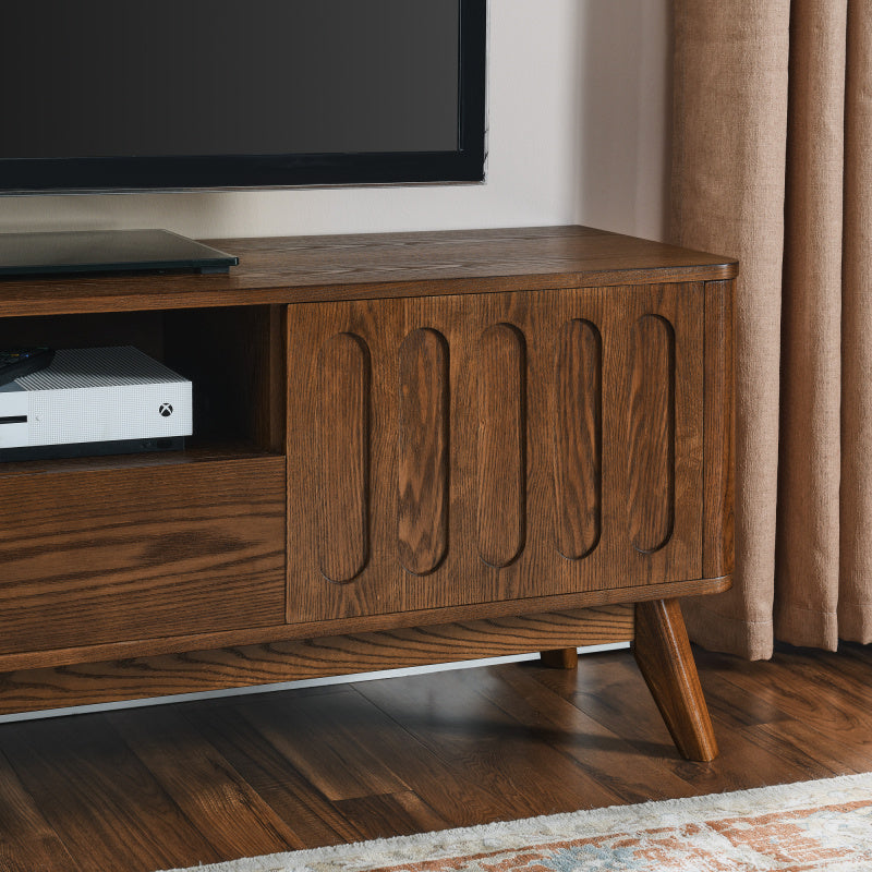 Mid Century Modern Fluted TV Stand for 65-Inch TVs - Farmhouse Media Console with 2 Doors & 1 Drawer, Solid Leg Design, Durable Non-Wood Construction, Space-Saving Storage Entertainment Center for Living Room, Apartment, Offi 