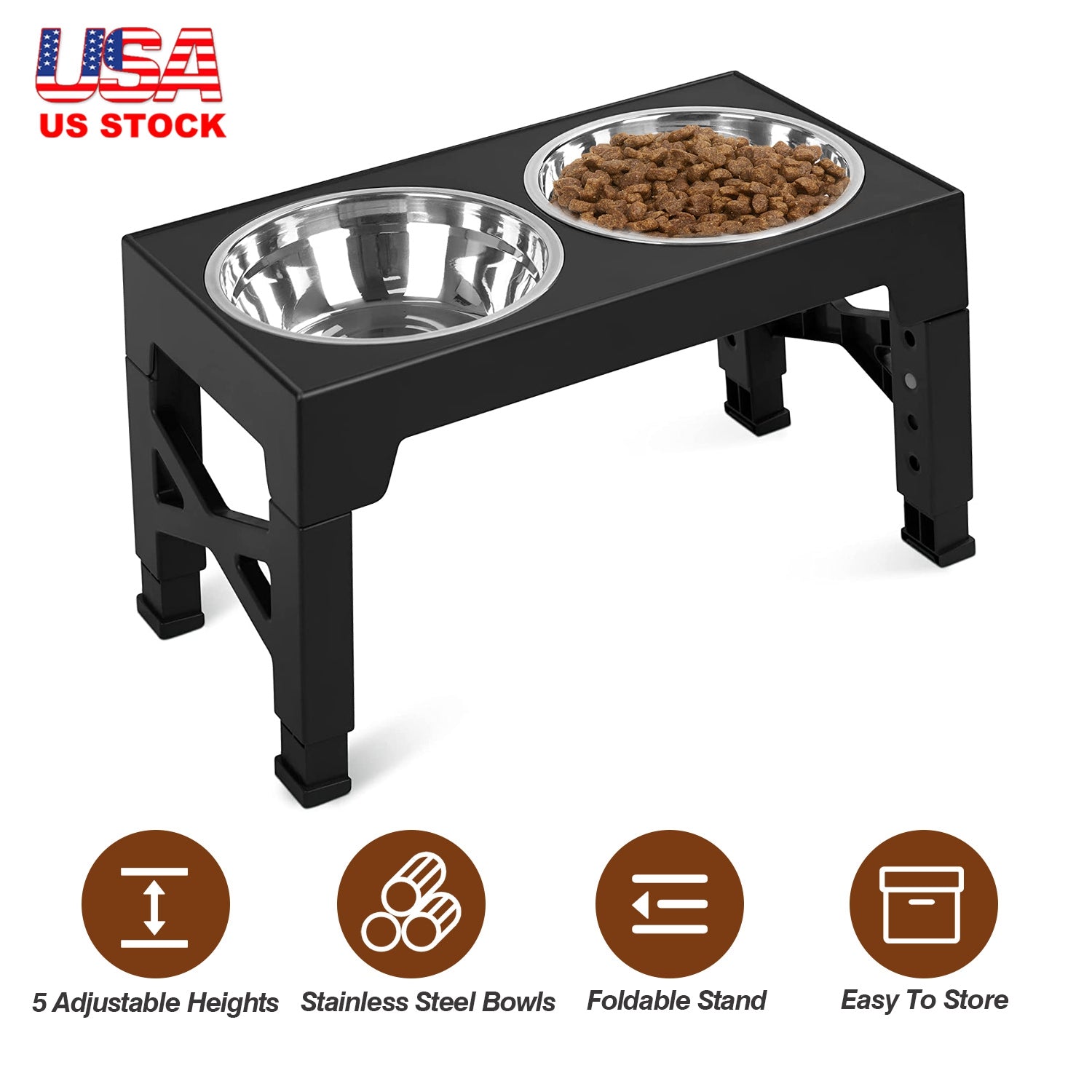 Dog Raised Bowls with 5 Adjustable Heights Stainless Steel Elevated Dog Bowls Foldable Double Bowl Dog Feeder for Small Medium Large Size Dog