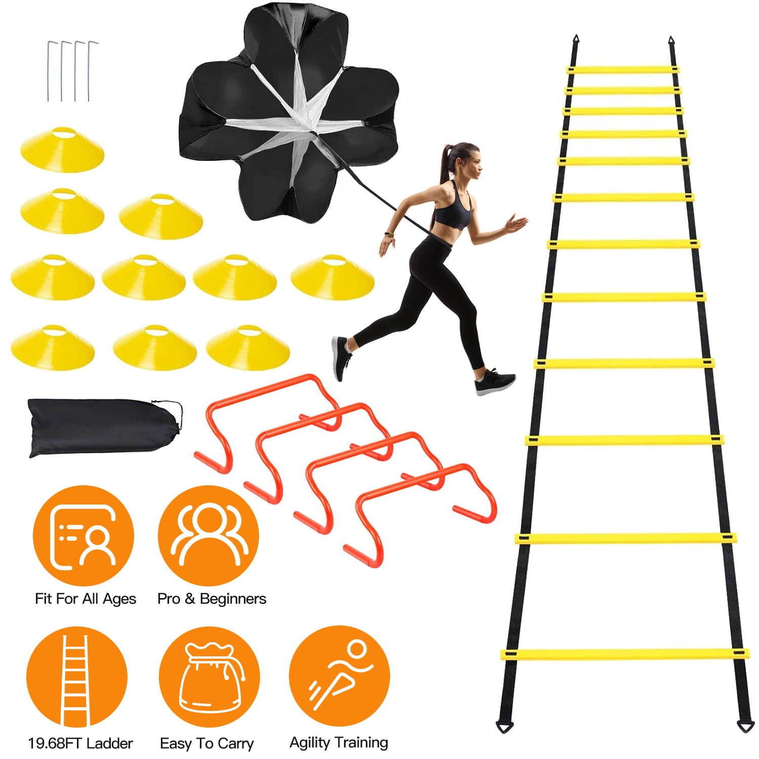 Speed Agility Training Equipment Set For Pro Beginner Including Cones Parachute Stakes Hurdles 19.68FT Ladder with Carrying Bag Soccer Football Basket 