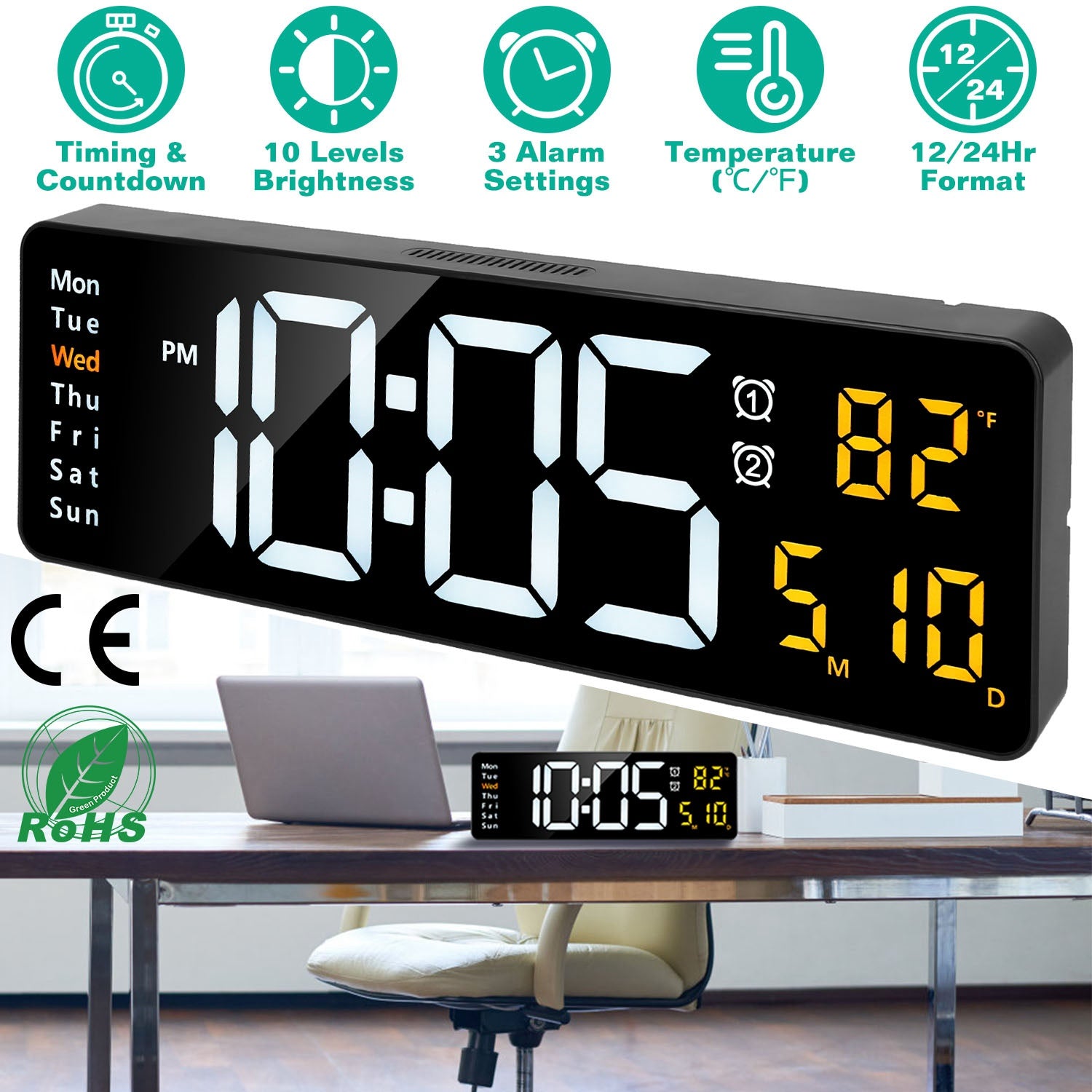 15.7in LED Digital Wall Clock with Remote Control 10 Level Brightness 3 Alarm Settings 12/24Hr Format Timing Countdown Temperature Calendar Display De