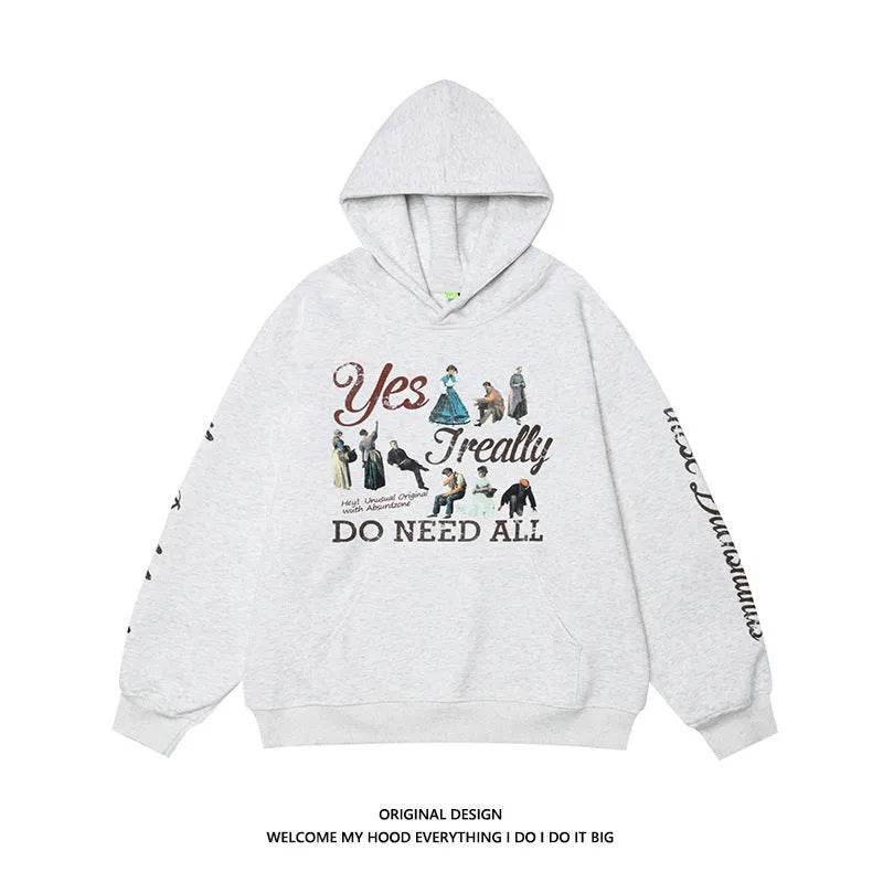 American Retro Washed Distressed Cartoon Letter Print Pullover Hoodie Sweatshirt 