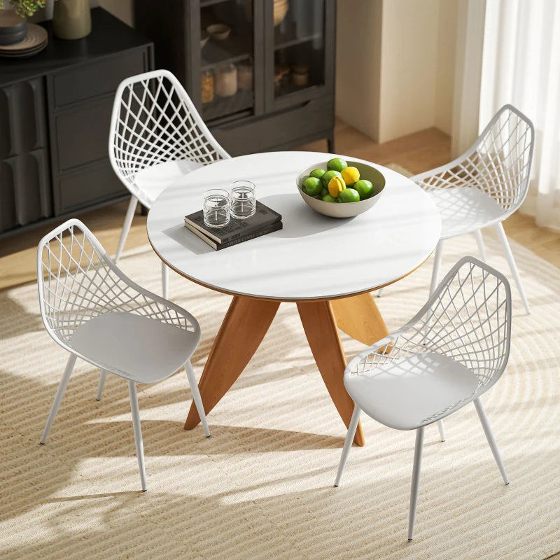 Modern Dining Chairs Set of 4, Plastic Kitchen Chairs with Hollow Backrest and Metal Legs for Living Dining Room, White