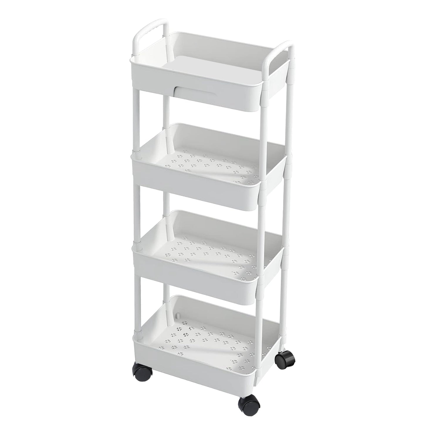 4 Tier Rolling Utility Cart Movable Storage Organizer with Drawer Lockable Wheels 360 Degree Rotatable Hallow Design for Bedroom Bathroom Kitchen 