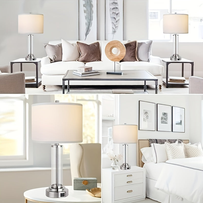 Set of 2 Modern Touch Control Table Lamps – 3-Way Dimmable with USB-C & USB-A Ports, Cream Fabric Shade – Perfect for Bedrooms, Living Rooms & Reading (Bulbs Included) 