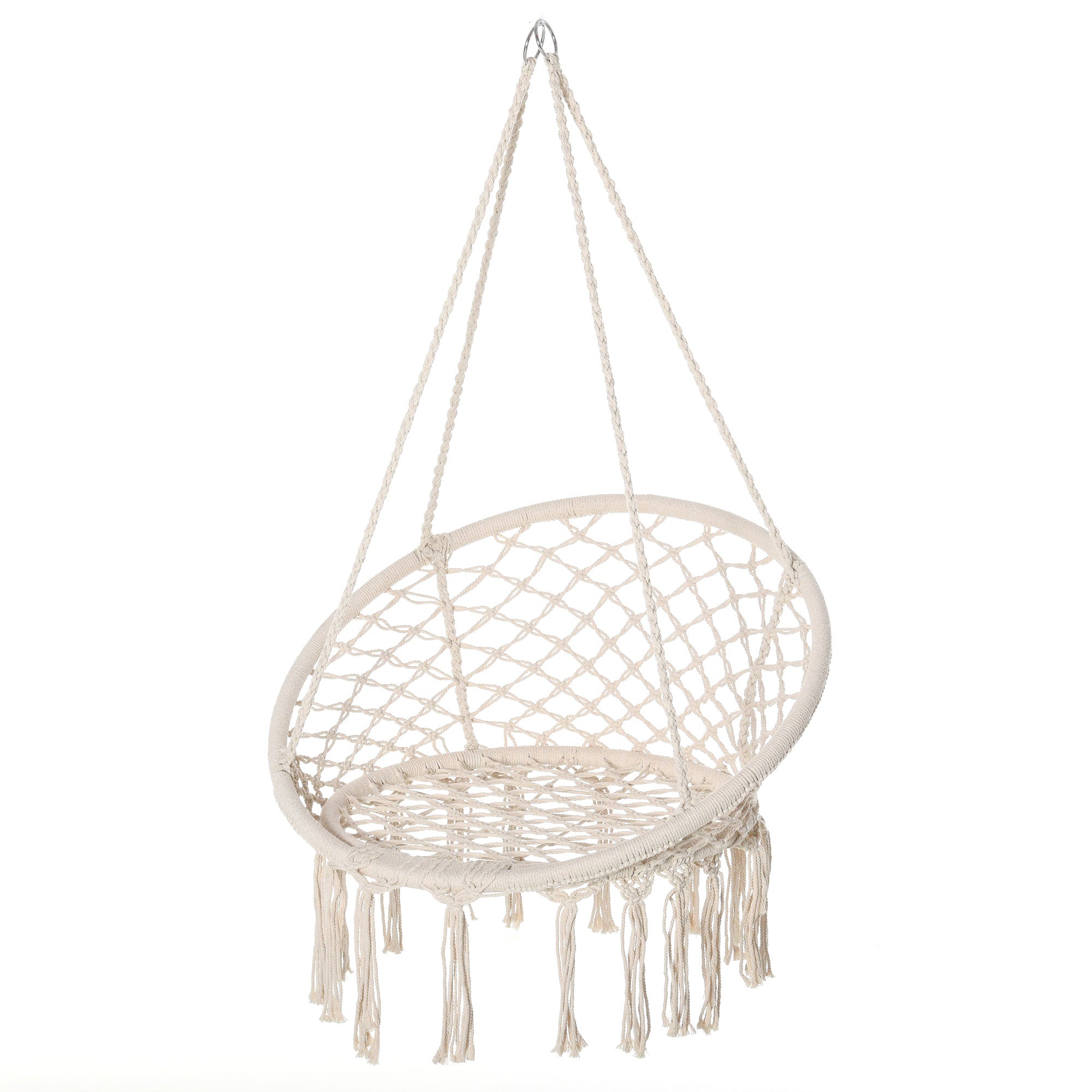 Outsunny Hammock Chair Hanging Rope Swing Indoor Outdoor Backrest Cotton Polyester Fringe Tassels Cream White 