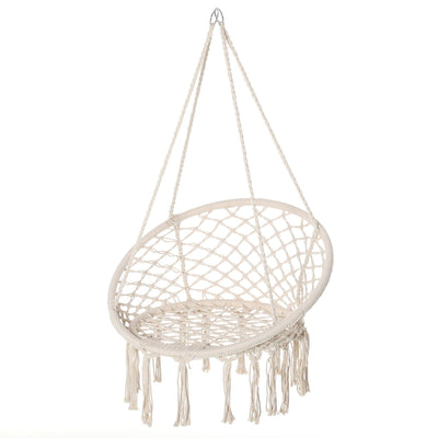 Outsunny Hammock Chair Hanging Rope Swing Indoor Outdoor Backrest Cotton Polyester Fringe Tassels Cream White 