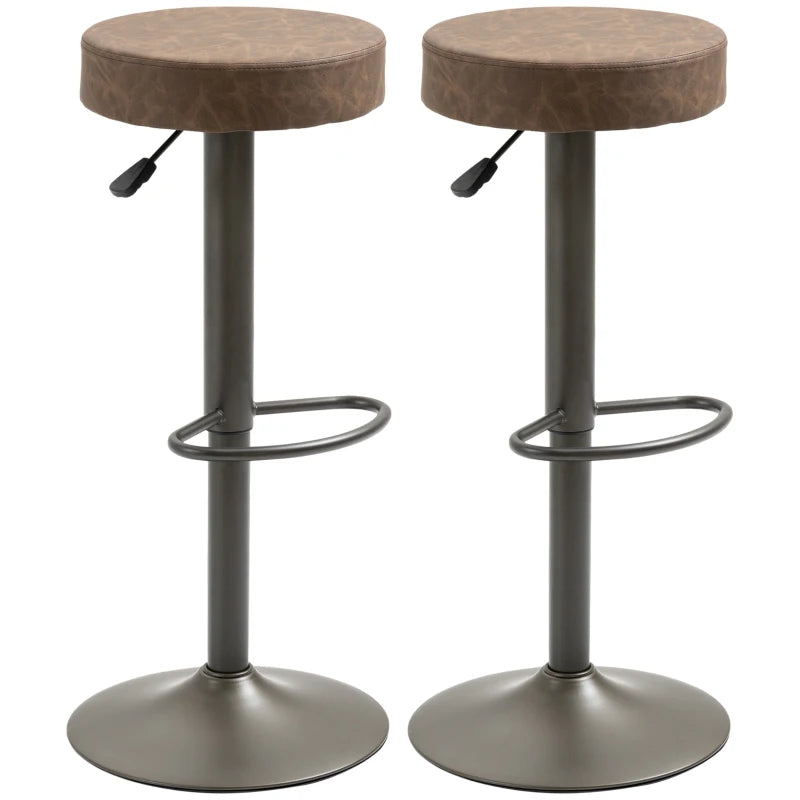Modern Adjustable Bar Stools Set of 2, Swivel Barstool with Footrest, PU Leather Round Top for Kitchen, Brown