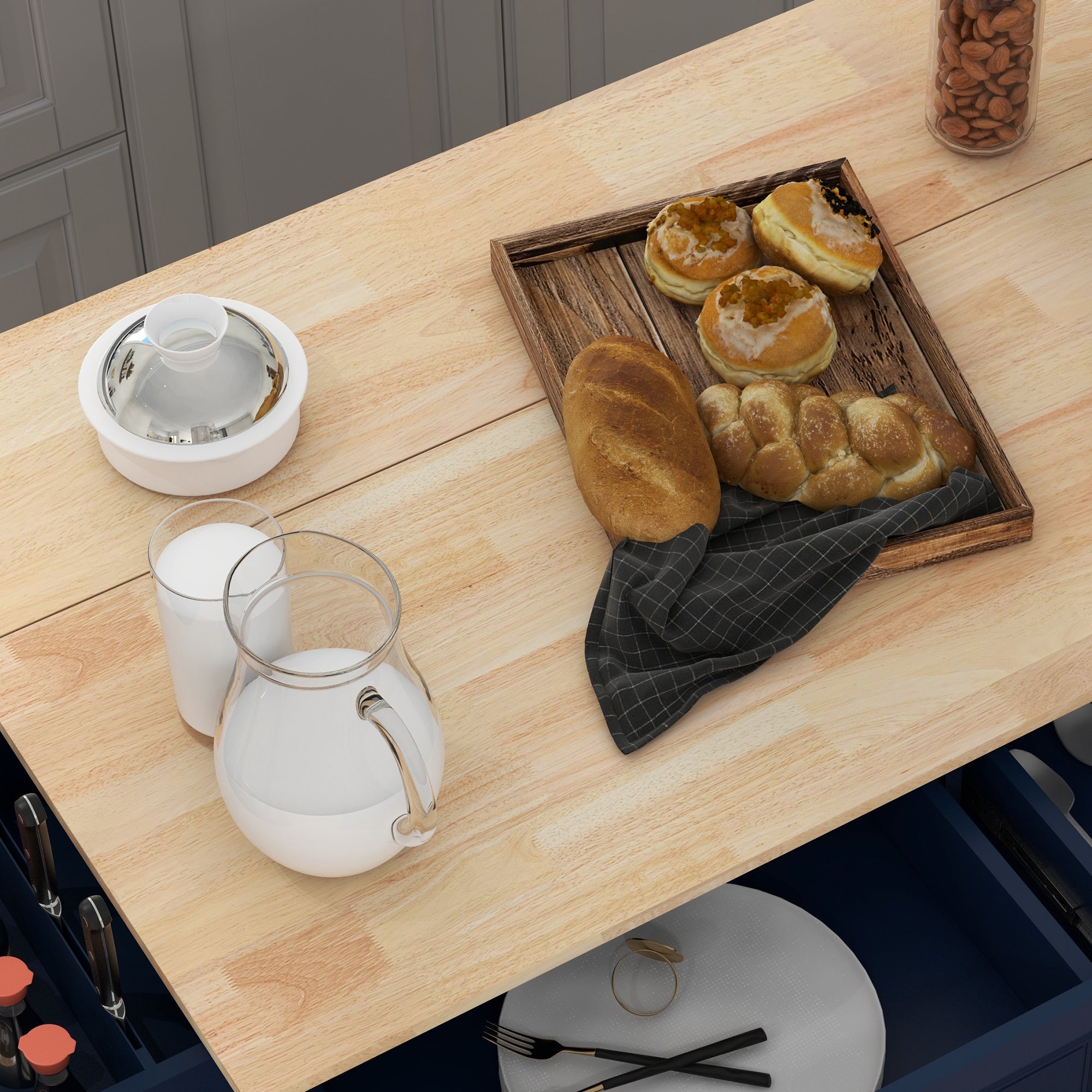 HOMCOM Kitchen Island with Storage, Rolling Kitchen Island with Drop Leaf, Rubber Wood Top and Adjustable Shelves, Navy Blue 