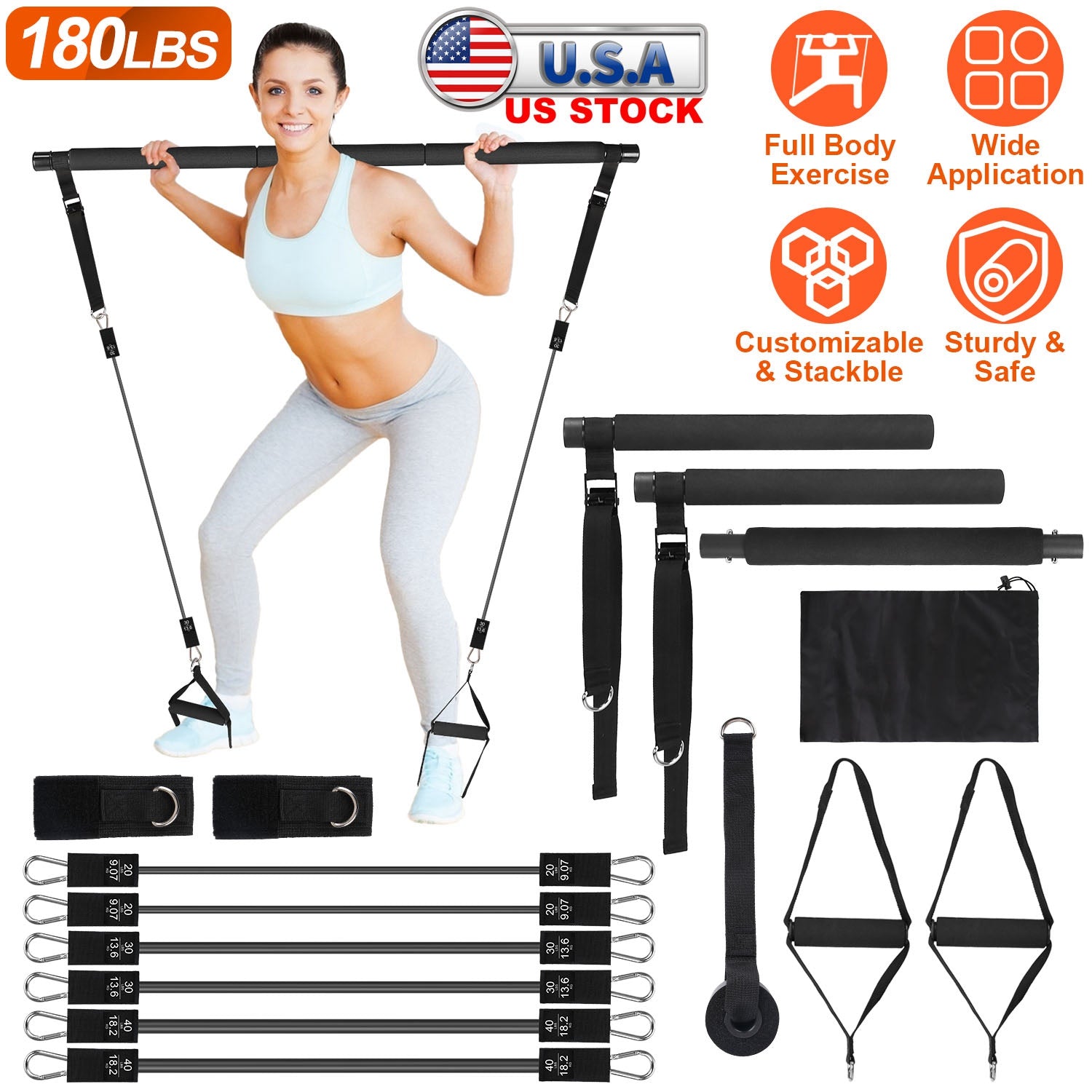 Pilates Bar Kit with 180LBS Resistance Bands Multifunctional Pilates Yoga Toning Bar Full Body Exercise Equipment Set for Beginners Intermediates Prof 