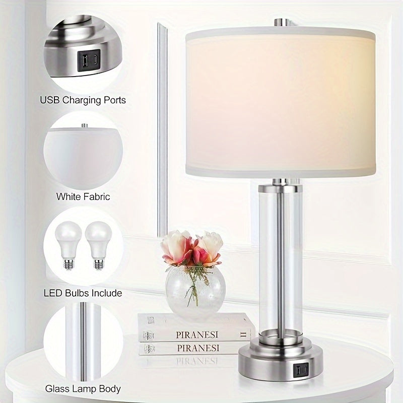 Set of 2 Modern Touch Control Table Lamps – 3-Way Dimmable with USB-C & USB-A Ports, Cream Fabric Shade – Perfect for Bedrooms, Living Rooms & Reading (Bulbs Included) 