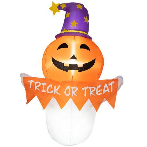 Outsunny 3.4ft Halloween Inflatables Window Sticker Ghost With Orange Face, Blow Up Halloween Decorations Outdoor LED Yard Display, Waterproof 