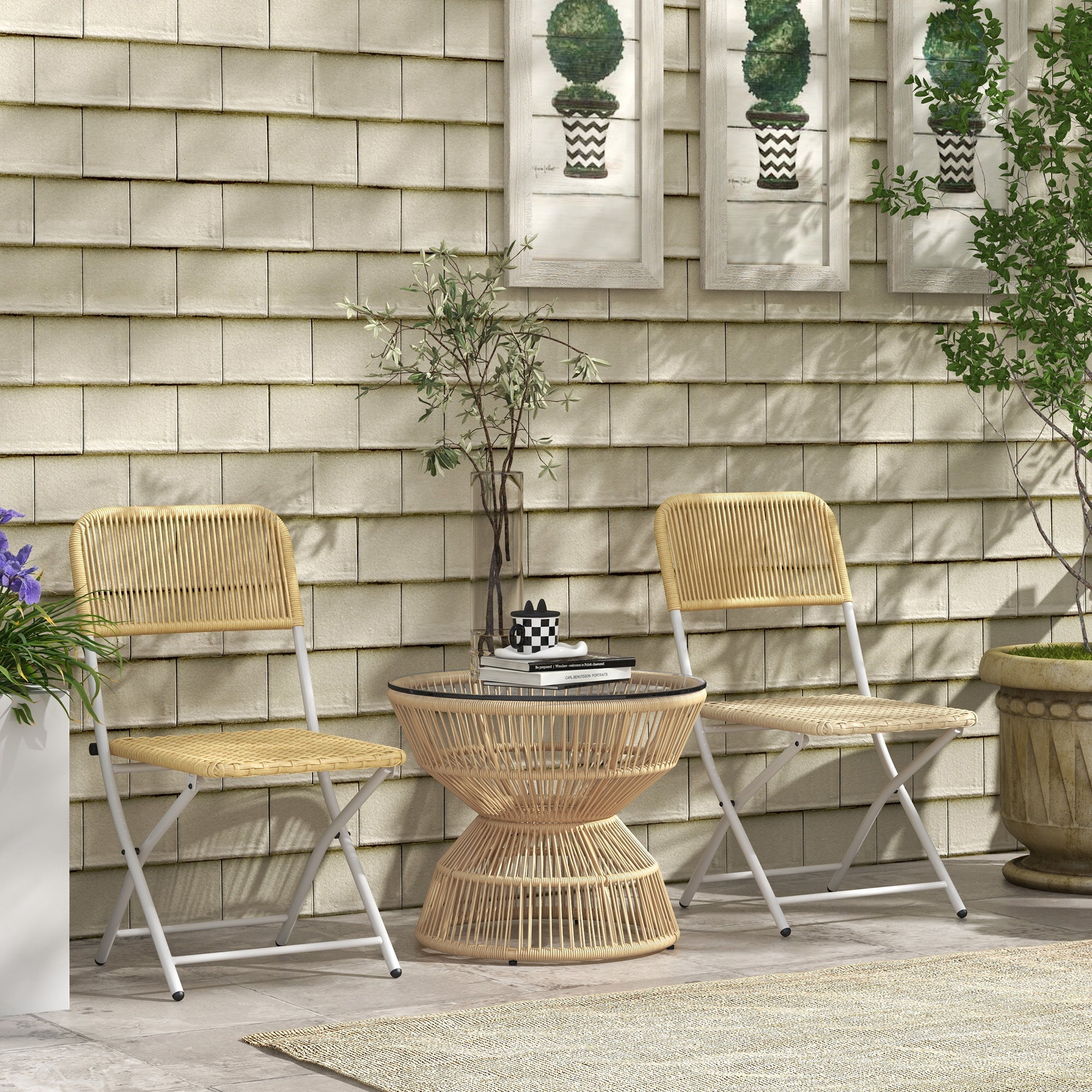 Outsunny Rattan Outdoor Coffee Table, Patio End Table with Tempered Glass Tabletop & Steel Frame, Wicker Furniture, Nature Wood 