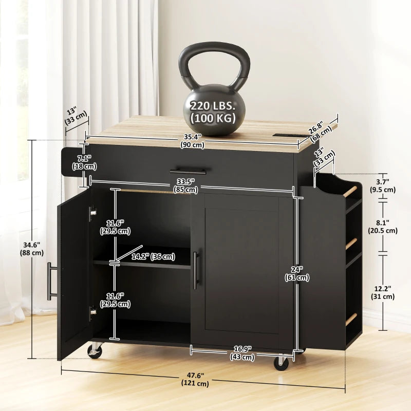Kitchen Island with Storage, Rolling Kitchen Cart with Foldable Drop Leaf, Power Outlet and USB Ports, Black