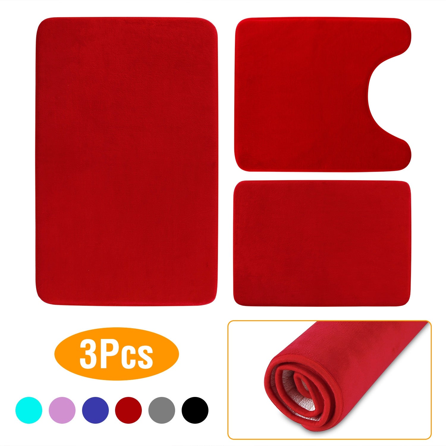 3Pcs Bathroom Rug Set Plush Velvet Bath Carpet Anti-Slip Memory Foam Mat For Tub Shower Bathroom