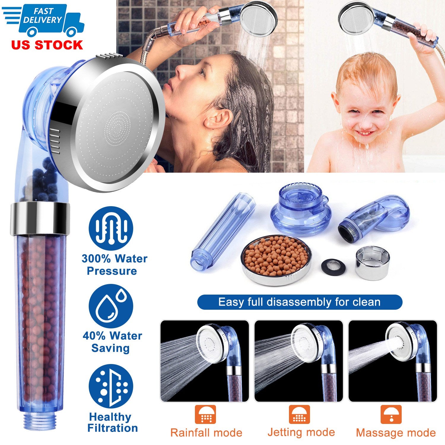 Ionic Filtration Shower Head High Pressure 3 Mode Stone Water Saving Bath Handheld Shower