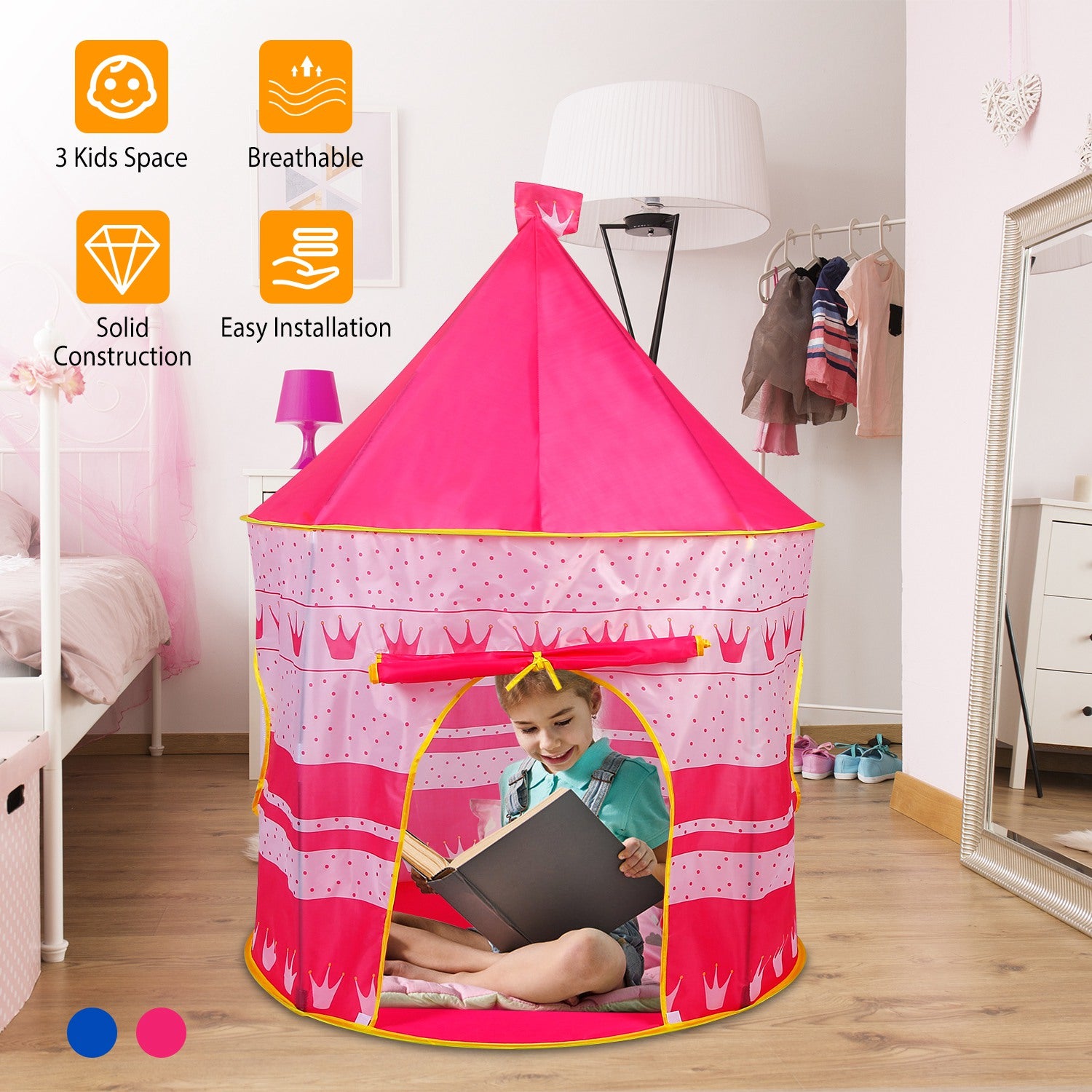 Kids Play Tent Foldable Pop Up Children Play Tent Portable Baby Play House Castle W/ Carry Bag Indoor Outdoor Use