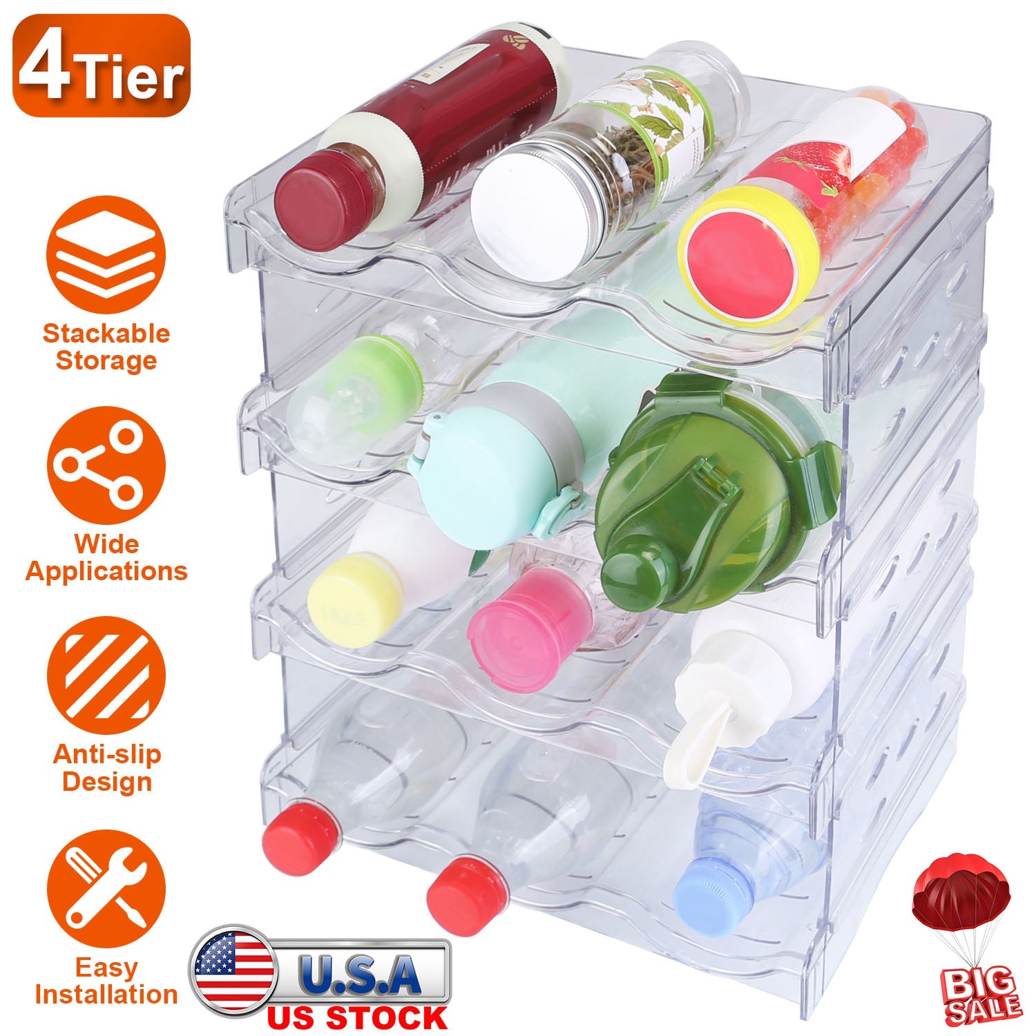 4 Tier Bottle Storage Holder 12 Bottles Transparent Stackable Bottle Organizer Standing Drink Holder Shelf for Kitchen Fridge Cabinet Pantry 