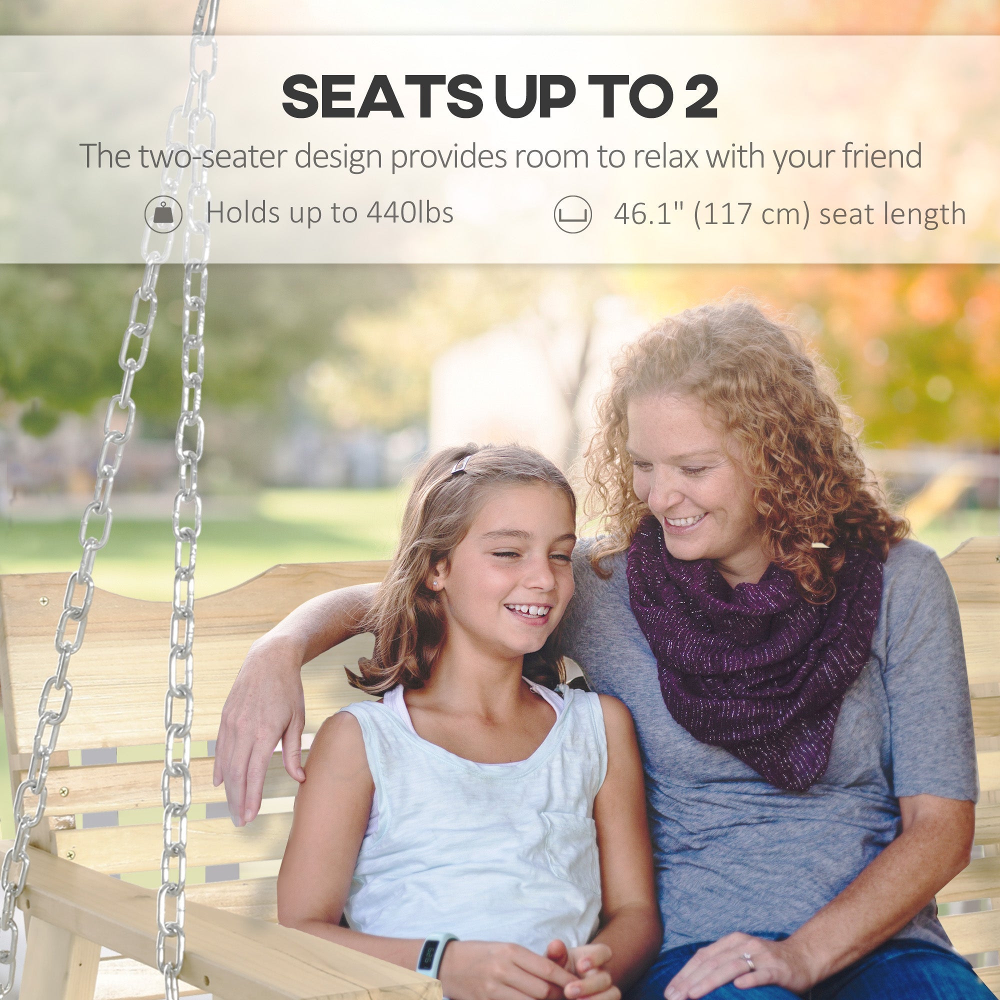 Outsunny 2-Seater Porch Swing, Patio Swing Bench with Adjustable Hanging Chains for Deck, Patio, Garden, Backyard, Natural Wood 