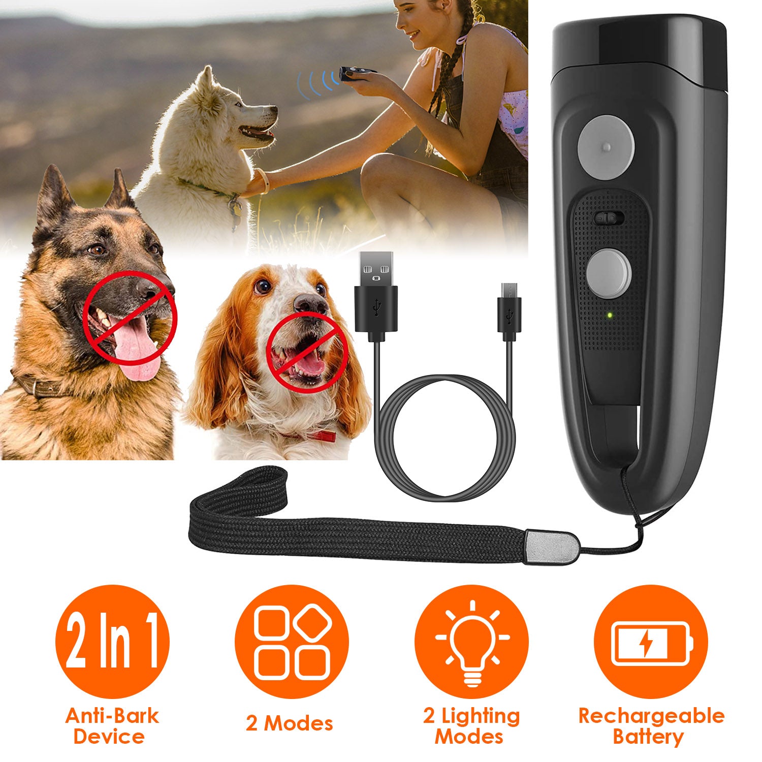 Ultrasonic Dog Anti-Bark Device 2 in 1 Rechargeable Barking Control Training Tool 32ft LED Light 2 Mode Dog Whistle Safe for Dog Human