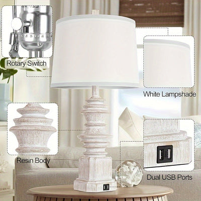 Set of 2 Bedside Table Lamps – Farmhouse Style with Dual USB Ports, White Fabric Shade & 3-Color Mode Bulbs – Perfect for Nightstands, Bedrooms, or Living Rooms 
