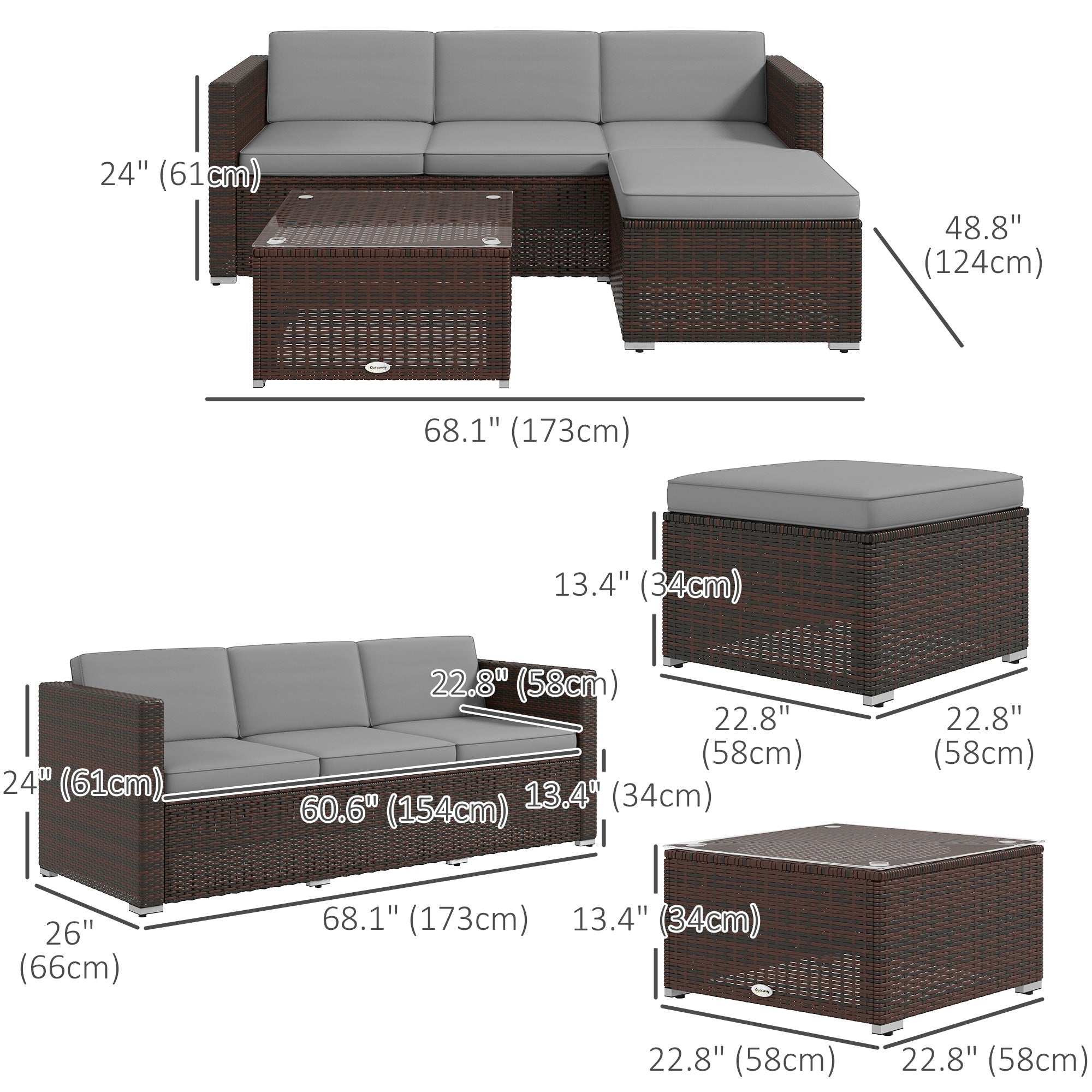 Outsunny 3-Piece Patio Dining Sets, Rattan Wicker with Glass Table & Plush Cushions for Garden & Backyard, Grey 