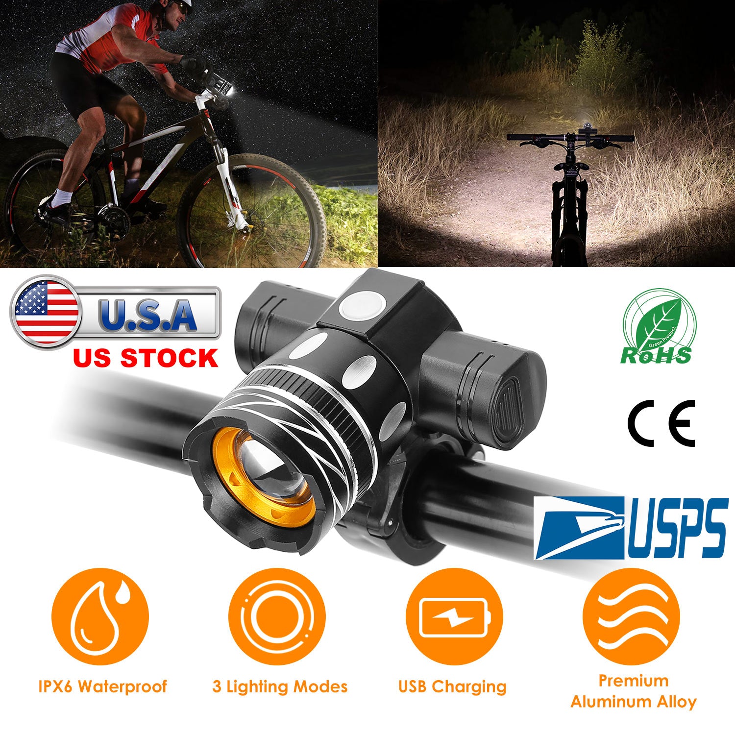 Bike Headlight USB Rechargeable LED Bicycle Front Light IPX6 Waterproof Bicycle Headlight Aluminum Alloy Shell Bike Headlight w/ Bracket