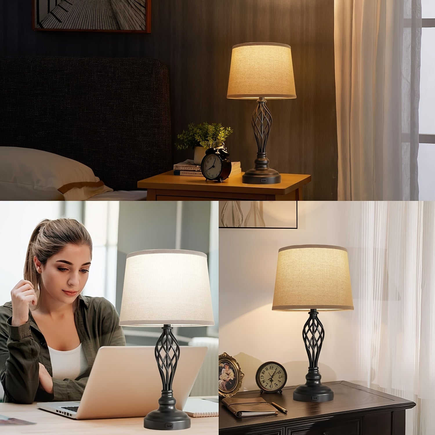 2-Piece Table Lamp Set with USB Port – Farmhouse Style Nightstand Lamps with 3-Color Temperature and Spiral Cage Base, Large Cream Drum Shade for Living Room or Bedroom 