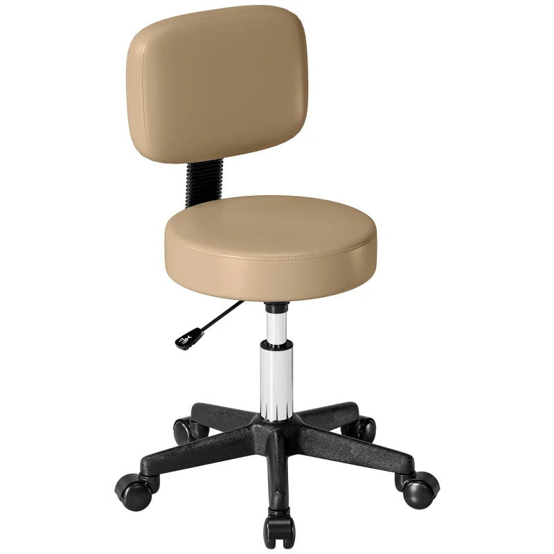 PU Leather Adjustable Rolling Stool, Round Swivel Drafting Stool with Back, Wheels, Light Brown