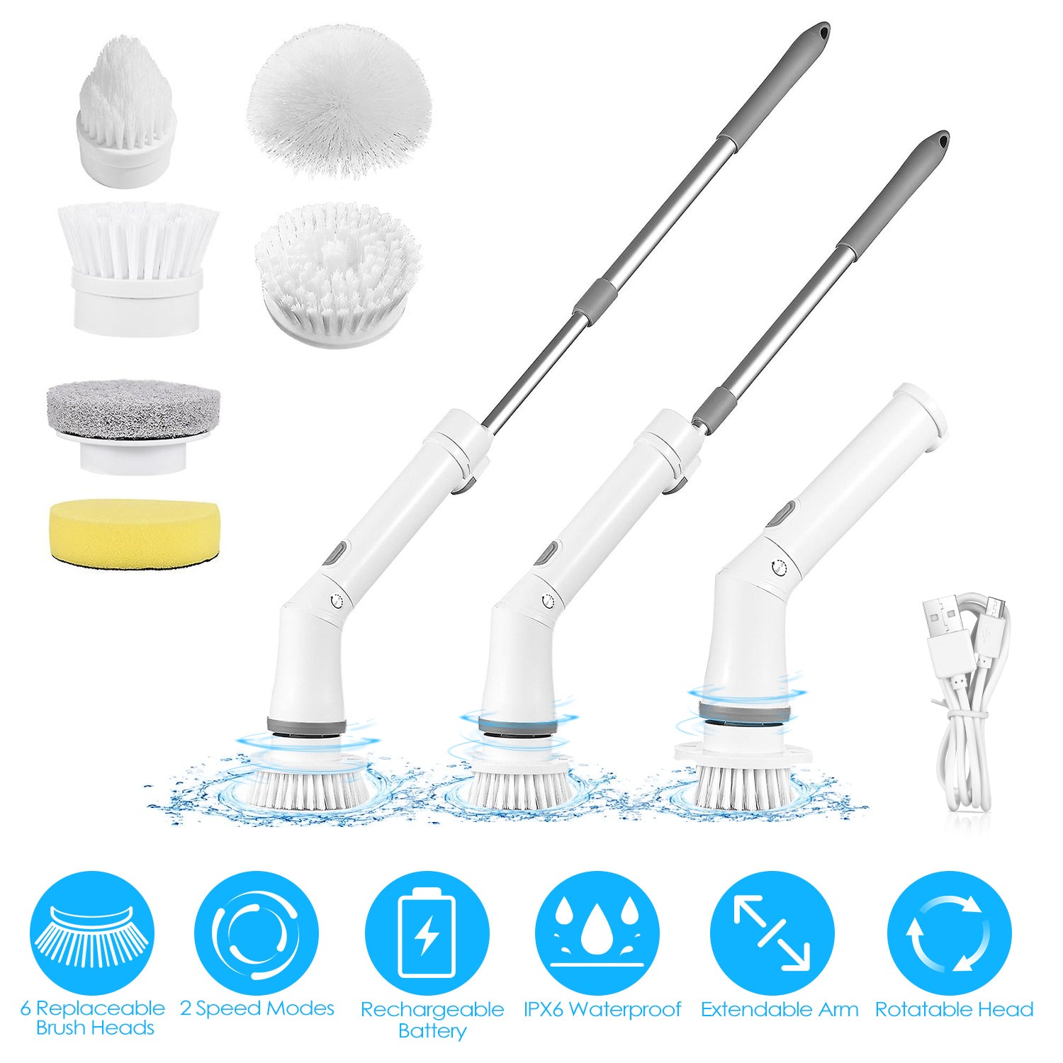 Electric Spin Scrubber Cordless Rechargeable Telescopic Cleaning Brush 6 Replaceable Heads 2 Speed Adjustable Extension Arm Bathroom Tub Tile Floor