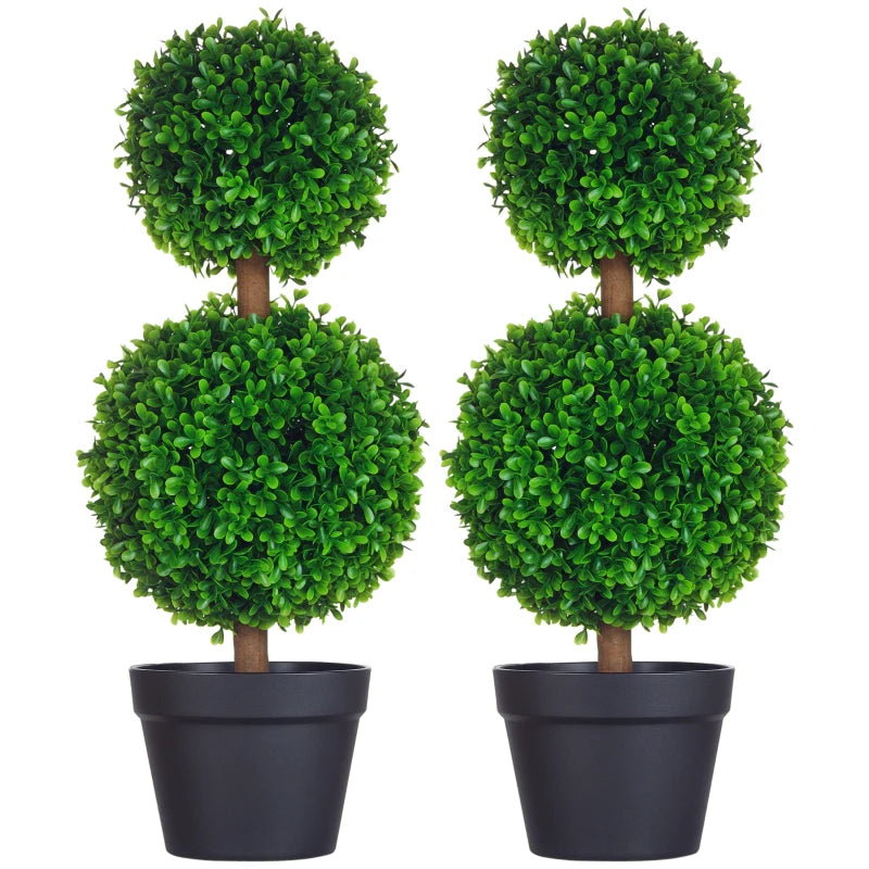 Artificial Boxwood Topiary Tree Set of 2, Faux Boxwood Ball Trees in Pot, Fake Plant for Indoor Outdoor Decor, Green
