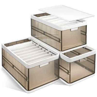 3 Pack Foldable Storage Bin with Lid Stackable Plastic Closet Organizer with Handle Divider Collapsible Drawer Organizer for Toys Clothes 