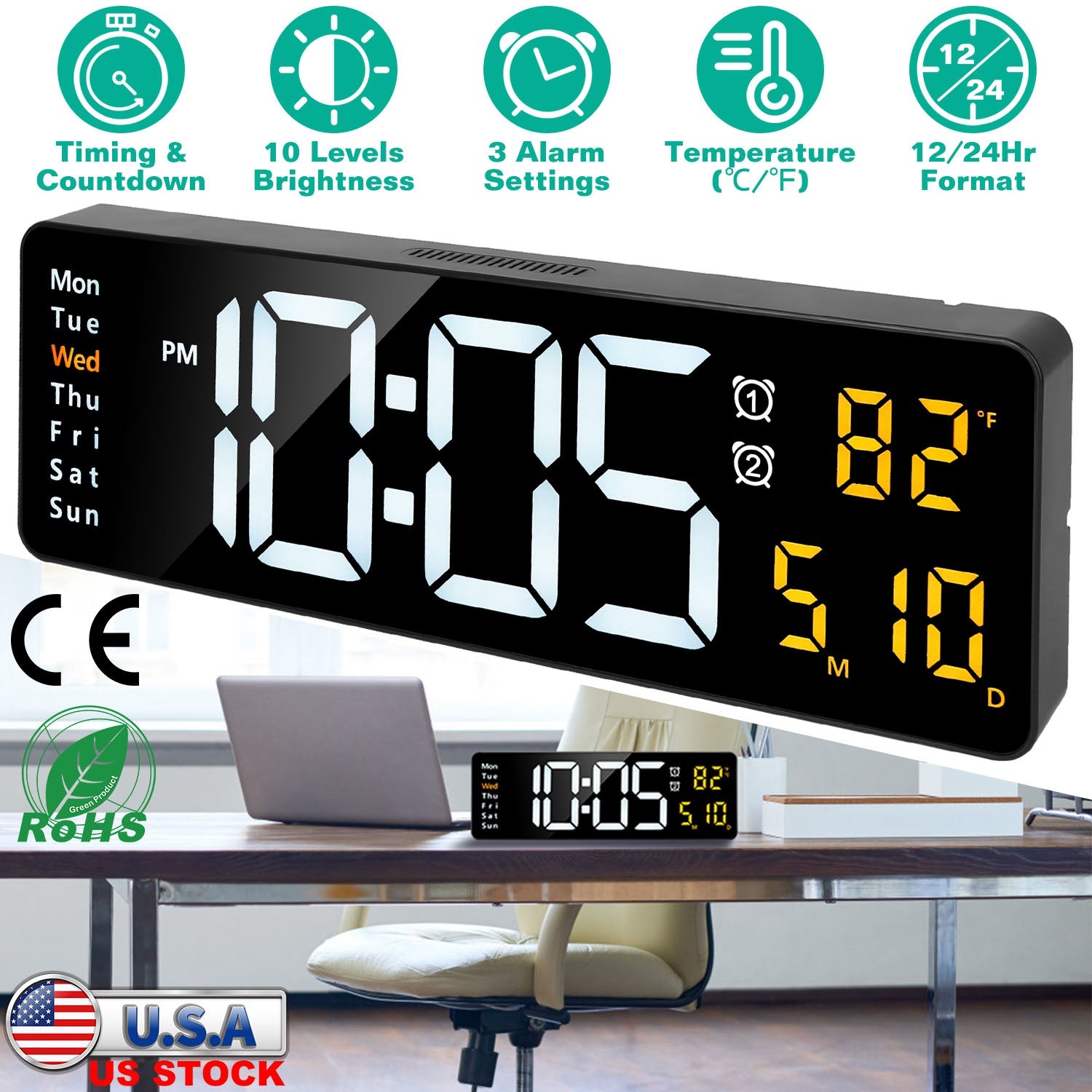 15.7in LED Digital Wall Clock with Remote Control 10 Level Brightness 3 Alarm Settings 12/24Hr Format Timing Countdown Temperature Calendar Display De