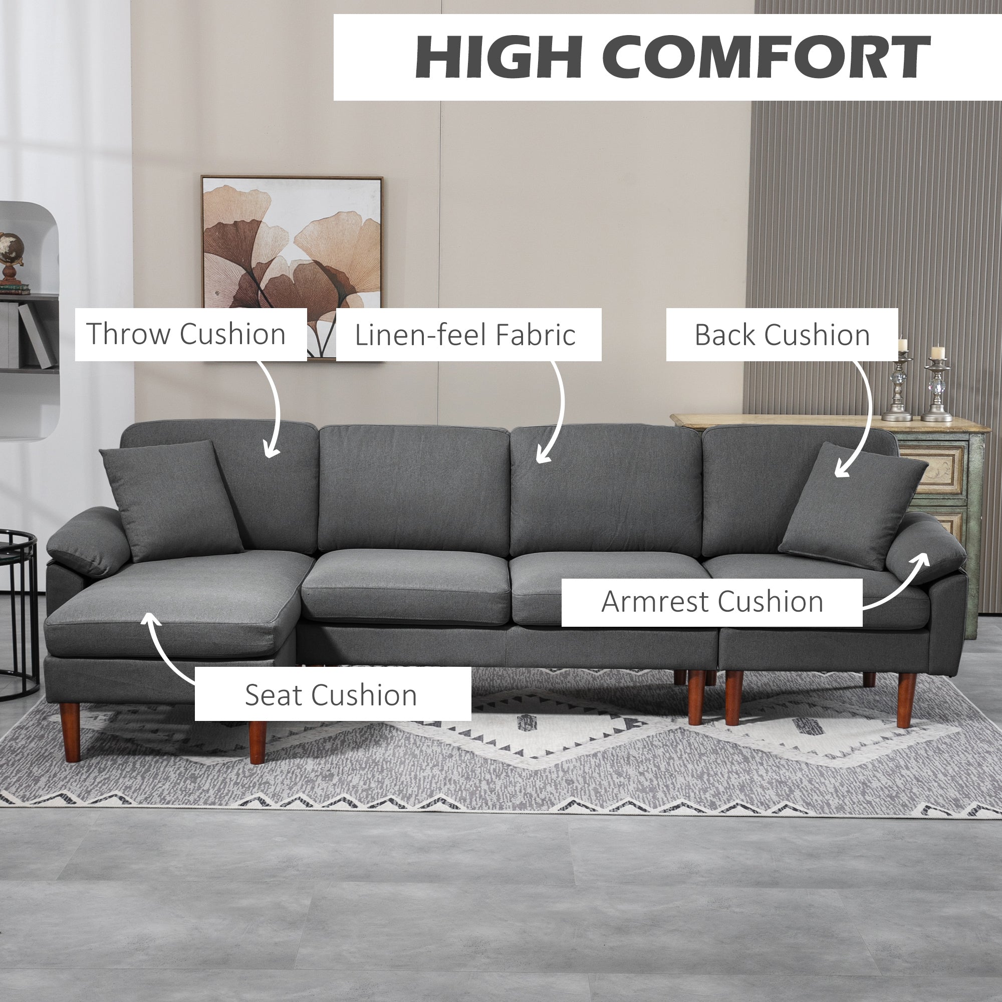 HOMCOM L-Shape Sectional Sofa: Modern Dark Grey Sofa with Reversible Chaise, Pillows & Wooden Legs 