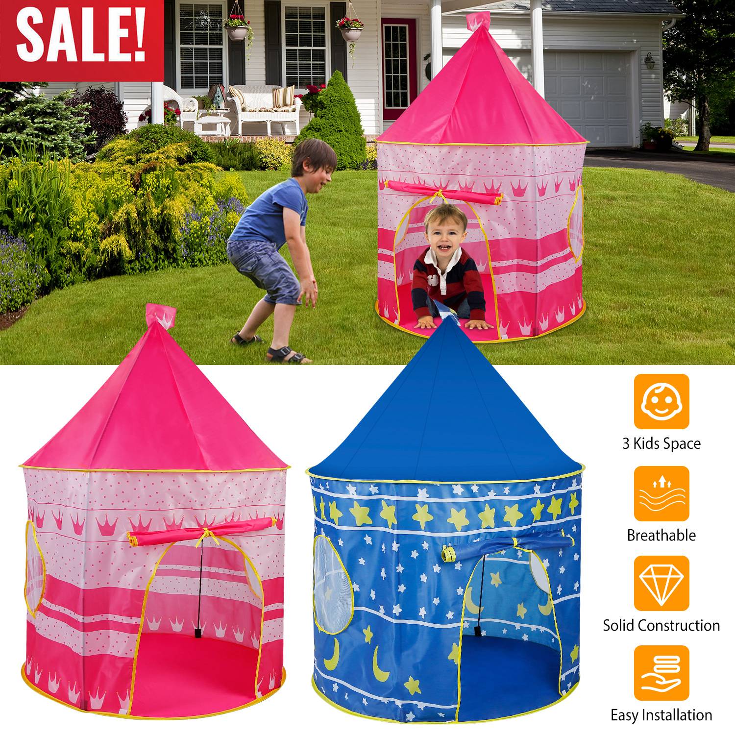 Kids Play Tent Foldable Pop Up Children Play Tent Portable Baby Play House Castle W/ Carry Bag Indoor Outdoor Use