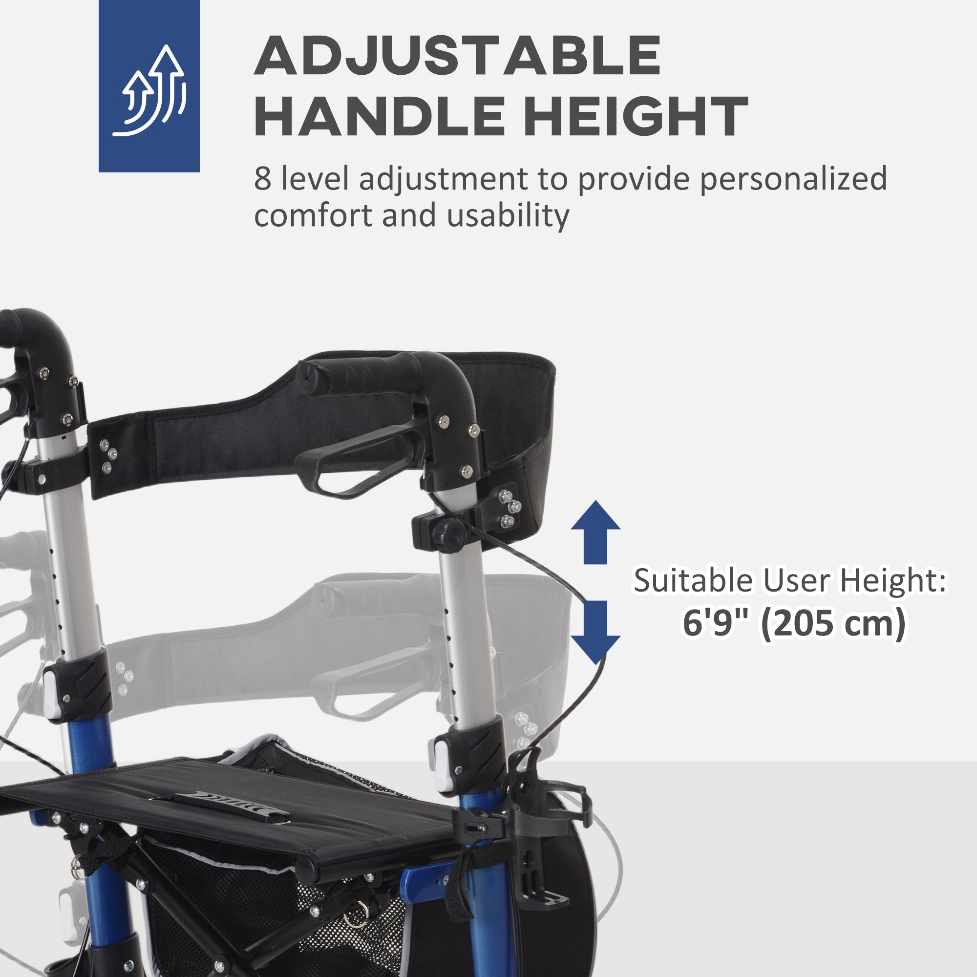 HOMCOM Lightweight Folding Rolling Walker with Large Seat, Back, Adjustable Handle, Bag, Dual Brake, Cane Holder, Blue 