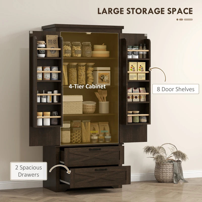 64" Farmhouse Kitchen Pantry Storage Cabinet, two 4-tier door shelves for spice bottles with 2 Drawers, Adjustable Shelf, Distressed Dark Brown