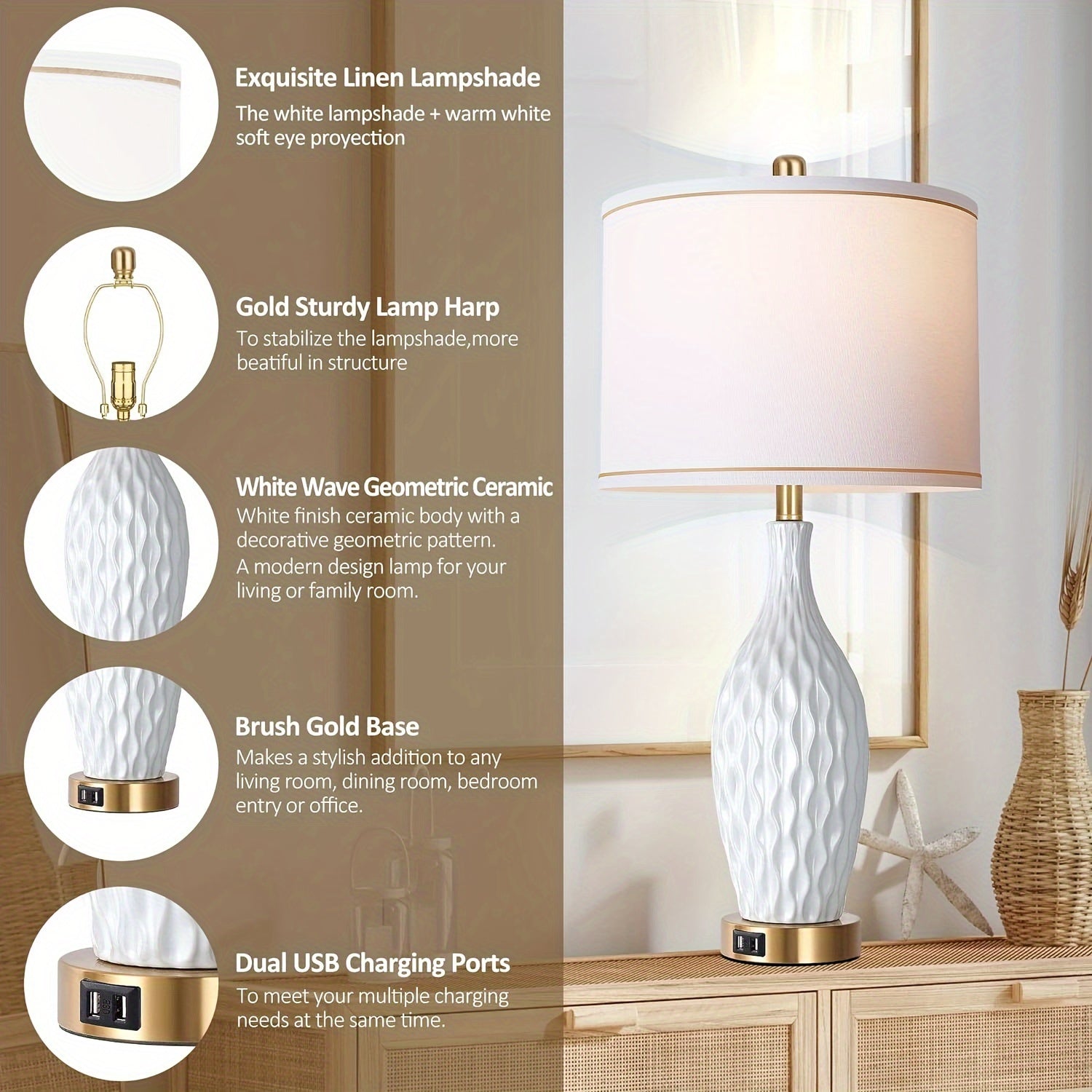 White Table Lamp Set of 2, 3-Way Dimmable Touch Control with USB Ports, 27inch, Linen Shade (LED Bulb Included) 