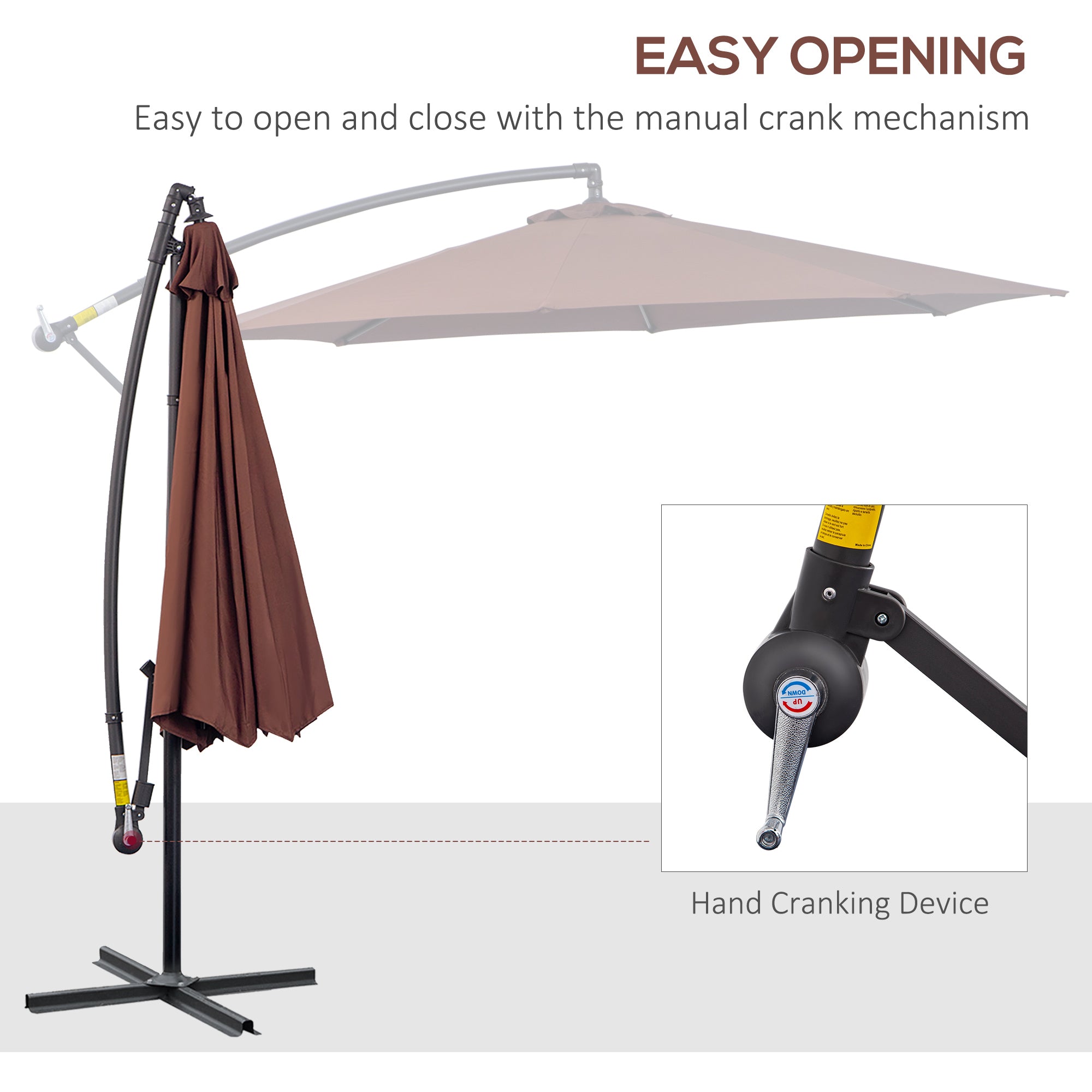 Outsunny Offset Patio Umbrella: Φ10' Deluxe Outdoor Banana Hanging Parasol with Sunshade, Crank & Base, Coffee 
